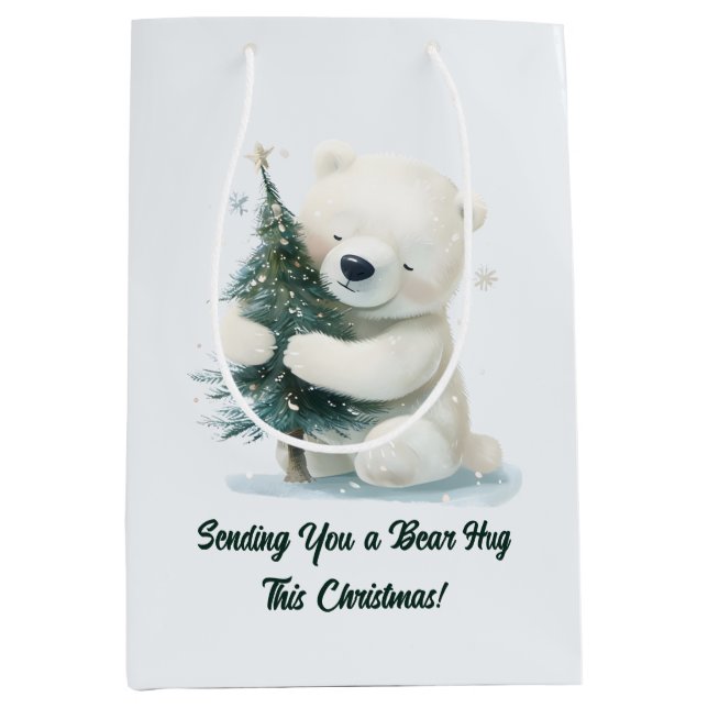 Adorable Polar Bär umarmt Weihnachtsbaum, Niedlich Mittlere Geschenktüte (Vorderseite)