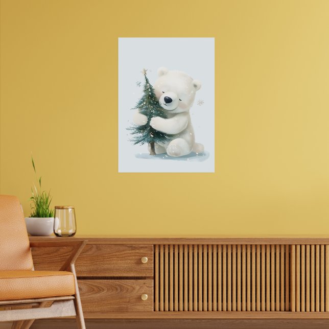 Adorable Polar Bär umarmt Weihnachtsbaum, Niedlich Poster (Wohnzimmer 2)