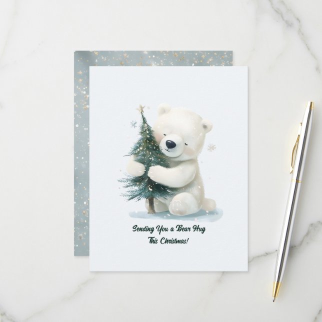 Adorable Polar Bär umarmt Weihnachtsbaum, Niedlich RSVP Karte (Vorderseite/Rückseite Beispiel)
