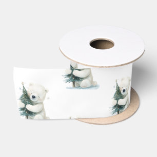 Adorable Polar Bär umarmt Weihnachtsbaum, Niedlich Satinband