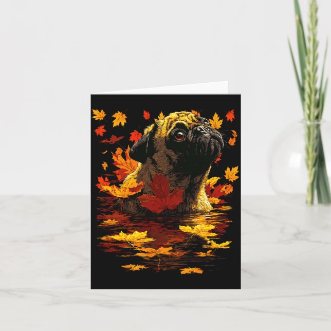 Adorable Pug With Forest Leaves Cozy Autumn Dog Fa Karte (Vorderseite)