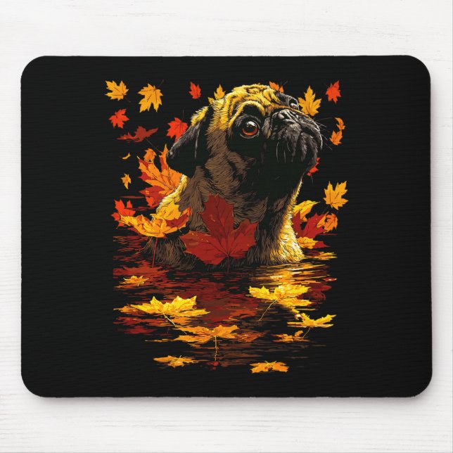 Adorable Pug With Forest Leaves Cozy Autumn Dog Fa Mousepad (Vorne)