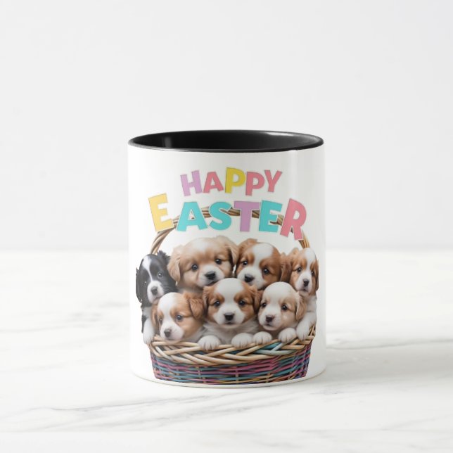 Adorable Puppy Basket Happy Oaster Tasse (Zentrum)