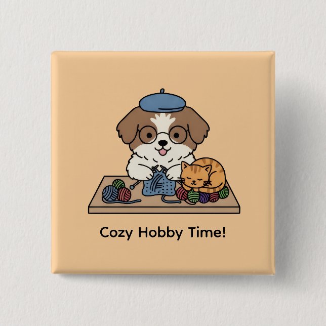 Adorable Puppy Knitting with Friend Hobby Art Pin Button (Vorderseite)