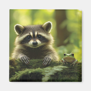 Adorable Raccoon und Frosch pinkeln über Mossy Log Magnet