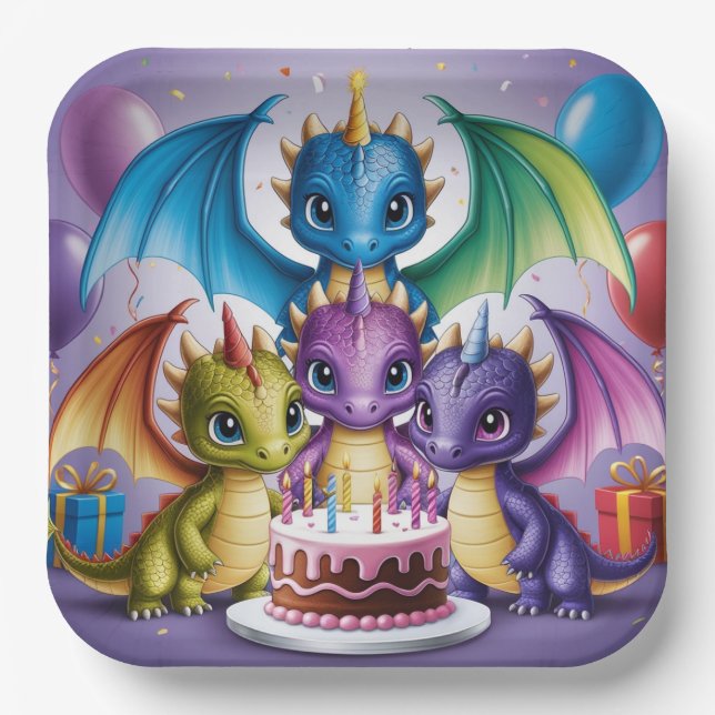 Adorable Rainbow Dragons Pappteller (Vorderseite)