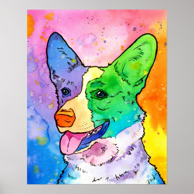 Adorable Rainbow Watercolor Corgi Poster (Vorne)