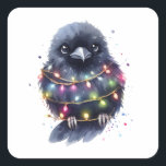 Adorable Raven Christmas Quadratischer Aufkleber<br><div class="desc">Die künstlerische KI entwarf Kunst eines bezaubernden Rabe,  der in Weihnachtsleuchten im Aquarellstil verpackt war</div>