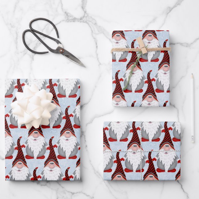 Adorable Red Black Gray Gnome Xmas Weihnachtskids Geschenkpapier Set (Vorderseite)
