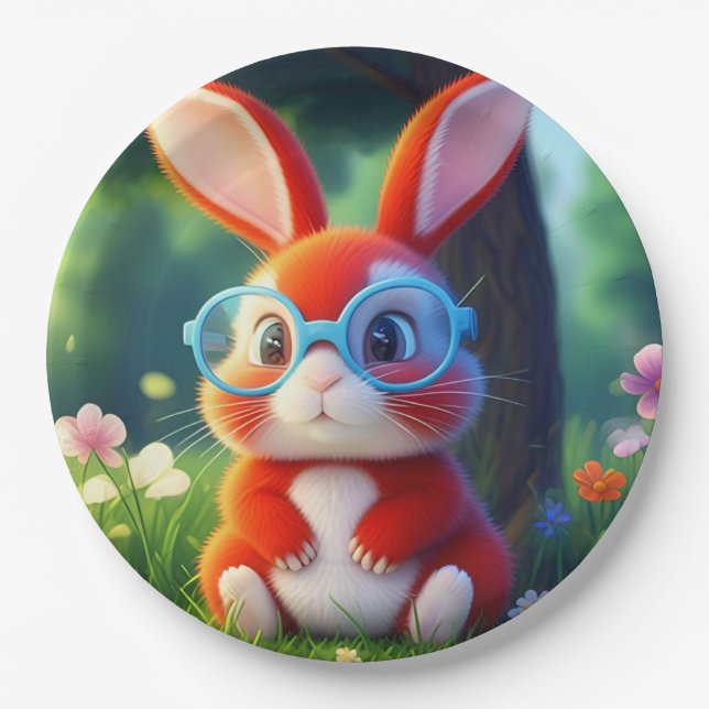 Adorable Red Bunny Sitting under Tree Pappteller (Vorderseite)