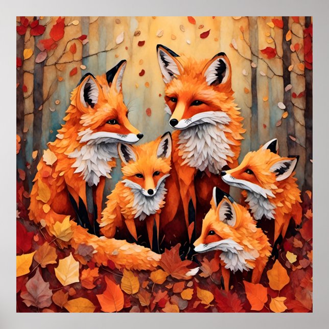 Adorable Red Fox Familie im Herbst Poster (Vorne)
