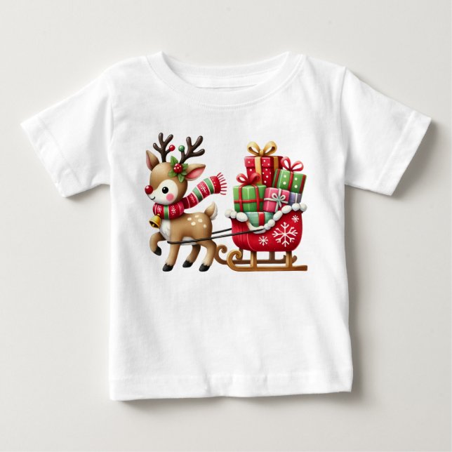 Adorable Reindeer and Sleigh Christmas Design Baby T-shirt (Vorderseite)