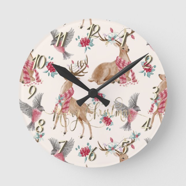 Adorable Reindeers,Birds,Flowers   Runde Wanduhr (Vorderseite)