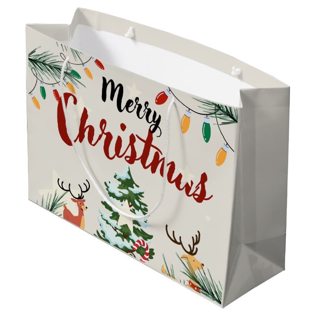 Adorable Rentiere Frohe Weihnachtsbaumen Große Geschenktüte (Rückseite Schrägansicht)