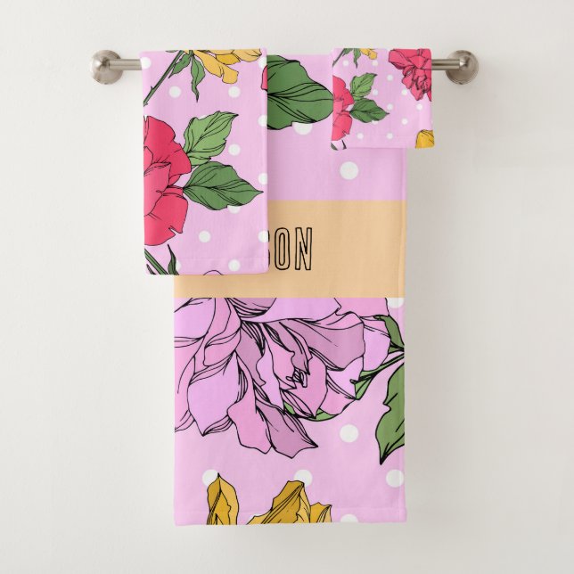 Adorable Retrostil-Blume im Monogramm-Format Lila Badhandtuch Set (Insitu)