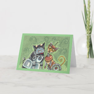 ADORABLE ROBOT BULLDOG & FELINE FRIEND Funny Blank Karte
