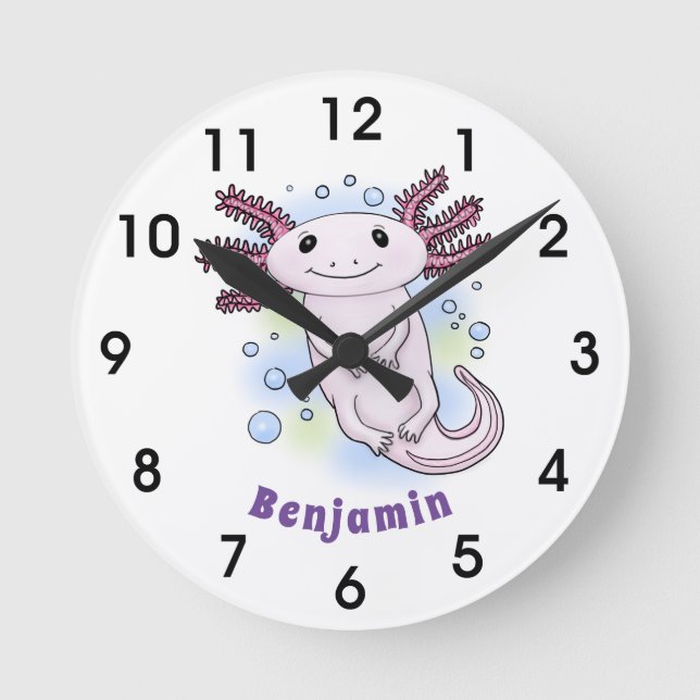 Adorable rosa axolotale Cartoon Runde Wanduhr (Vorderseite)