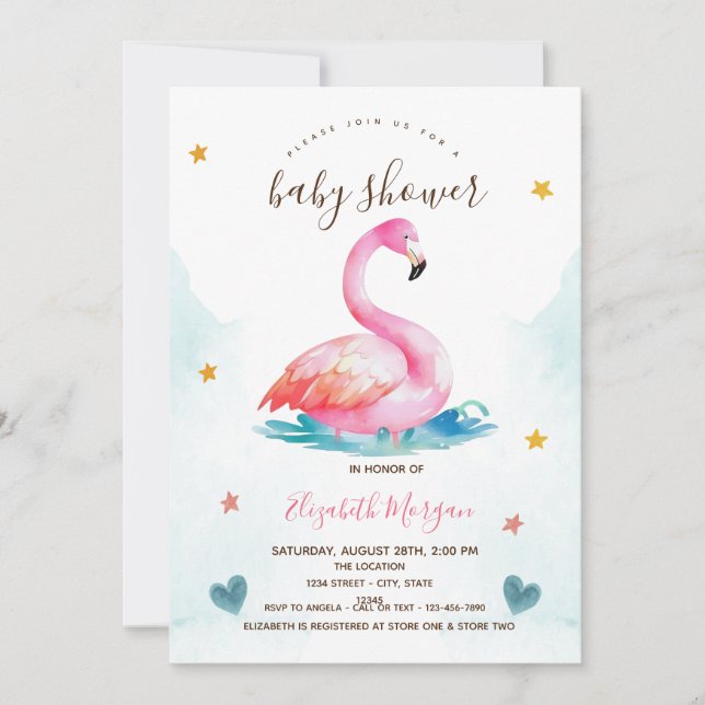Adorable rosa Flamingo Stars Hearts Baby Dusche Einladung (Vorderseite)