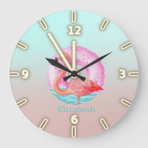 Adorable rosa Flamingos Pool Floß Große Wanduhr