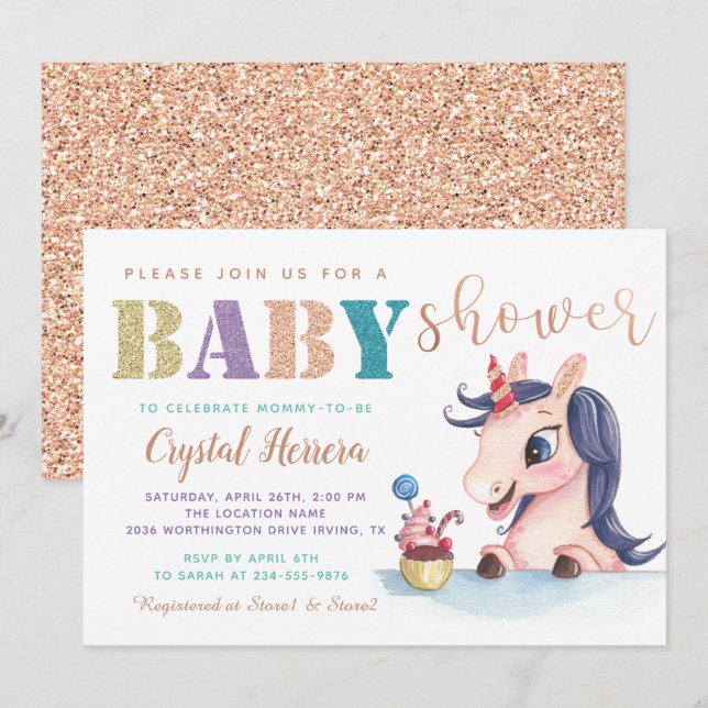 Adorable Rose Gold Glitzer Unicorn Kinderdusche Einladung (Vorne/Hinten)