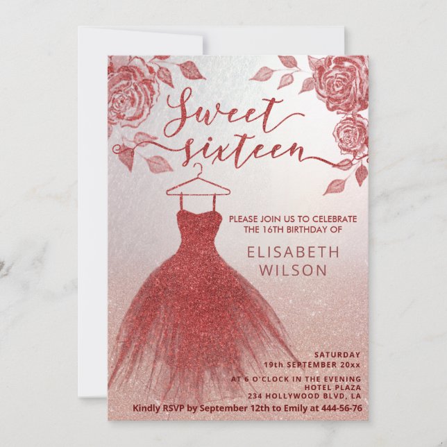 Adorable Rote Rosen Rot Glitterkleid Einladung (Vorderseite)