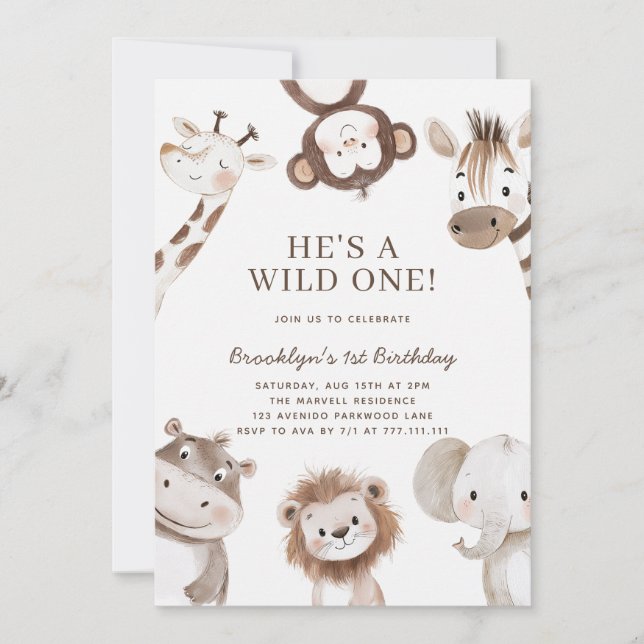 Adorable Safari Tier Thema 1. Geburtstag Einladung (Vorderseite)