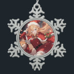 Adorable Santa Anime Girl and Christmas Shiba Dog Schneeflocken Zinn-Ornament<br><div class="desc">Digitale Kunst eines bezaubernden Anime-Mädchens in Santa Claus wie Kleidung. Sie hat eine lange rote, spitze Weihnachtsweihnachtsweih-Weihnachtsmannmütze, ein niedliches rotes Kleid mit einem Gürtel, einen Weihnachtsschal mit weißem Flügel, niedliche Rot-Grün-Bögen und Bänder und eine Glocke. Ihr shiba inu Hund läuft neben ihr. An der Weihnachtsnachtsnacht im Winter gibt es schöne...</div>