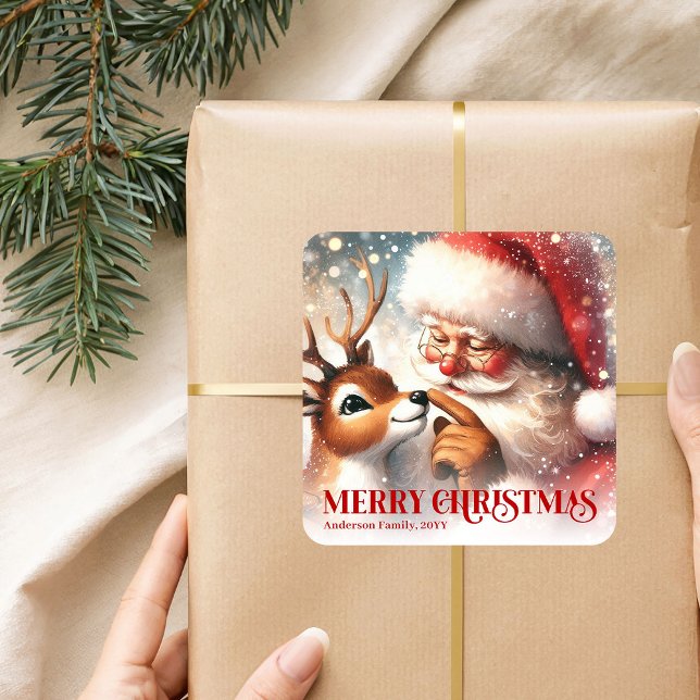 Adorable Santa Rudolph Personalized Christmas Kids Quadratischer Aufkleber (Adorable Santa Rudolph Personalized Christmas Kids Sticker)