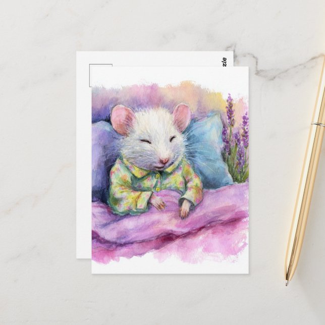 Adorable Schlafweiße Maus in PJs Wasserfarbe Postkarte (Vorderseite/Rückseite Beispiel)