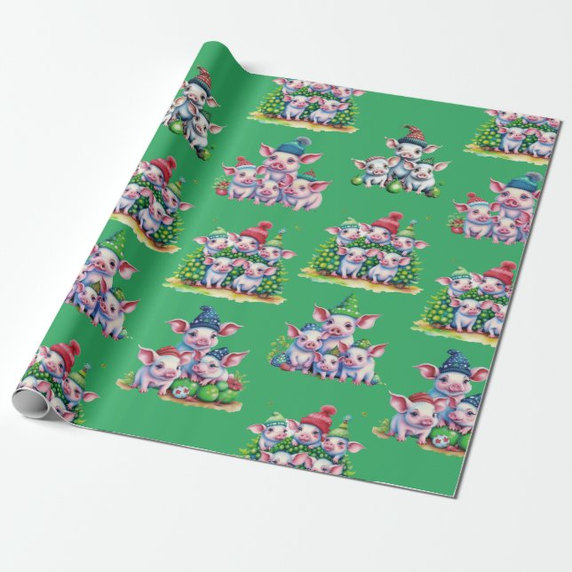 Adorable Schweine auf der Grünen Weihnachtsweihnac Geschenkpapier (Ungerollt)