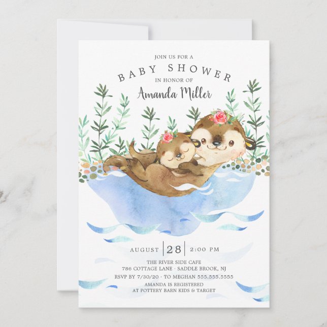 Adorable Sea Otter Girls Babydusche Einladung (Vorderseite)