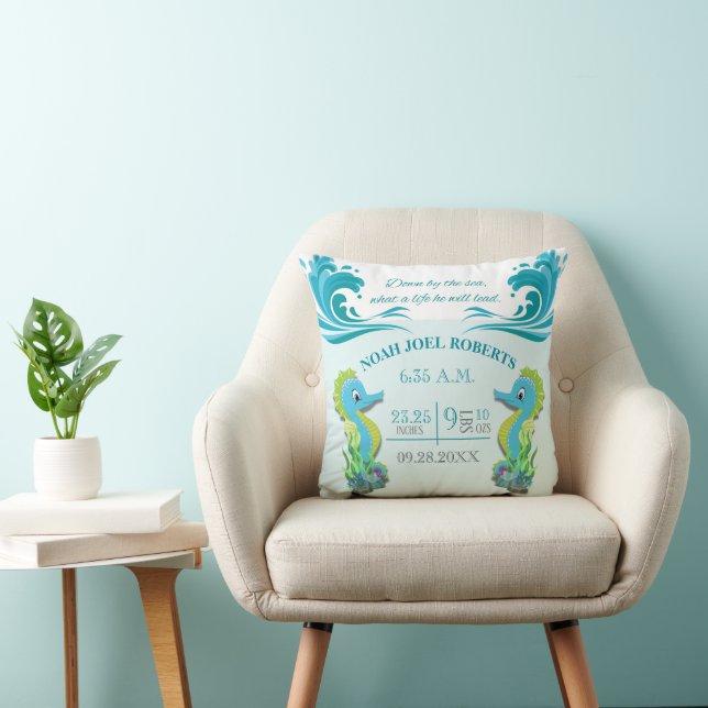 Adorable Seepferd Birth Announcement Pillow (Junge Kissen (Stuhl )
