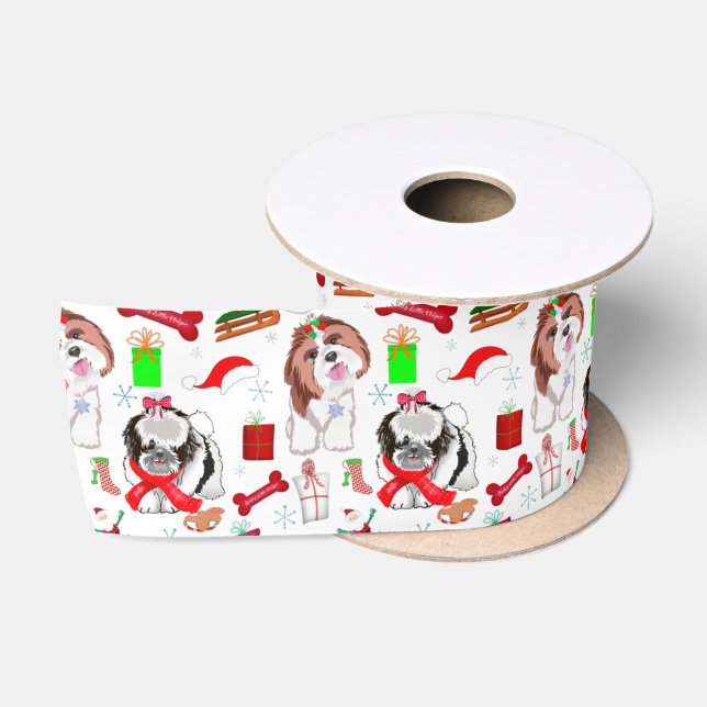 Adorable Shih Tzu Weihnachten Nahtloses Muster Satinband (Spule)