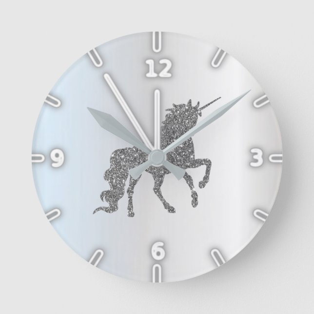 Adorable Silver Glitzer Unicorn Runde Wanduhr (Vorderseite)