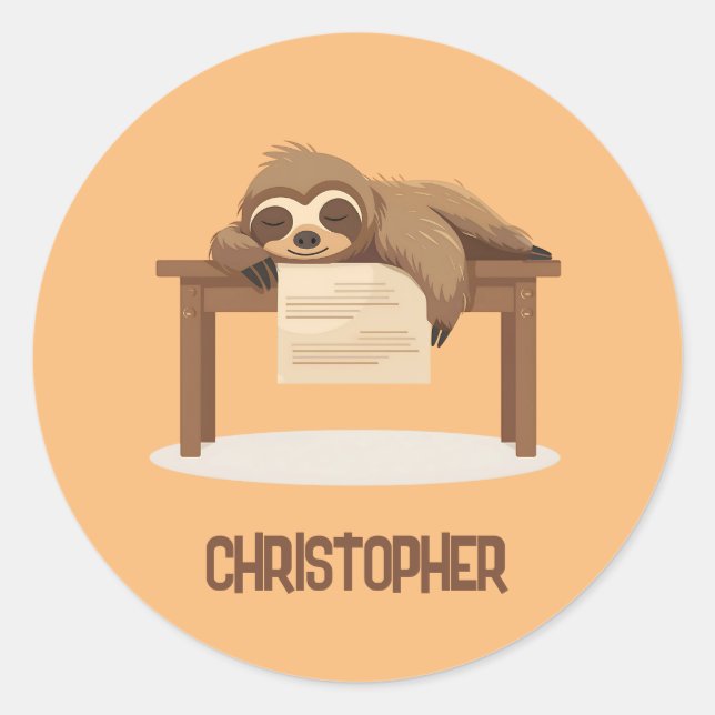 Adorable Sleepy Studium Sloth mit Kindername Runder Aufkleber (Vorderseite)