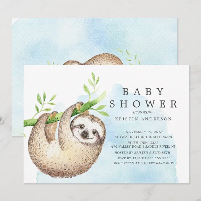 Adorable Sloth Baby Dusche Einladung (Vorne/Hinten)