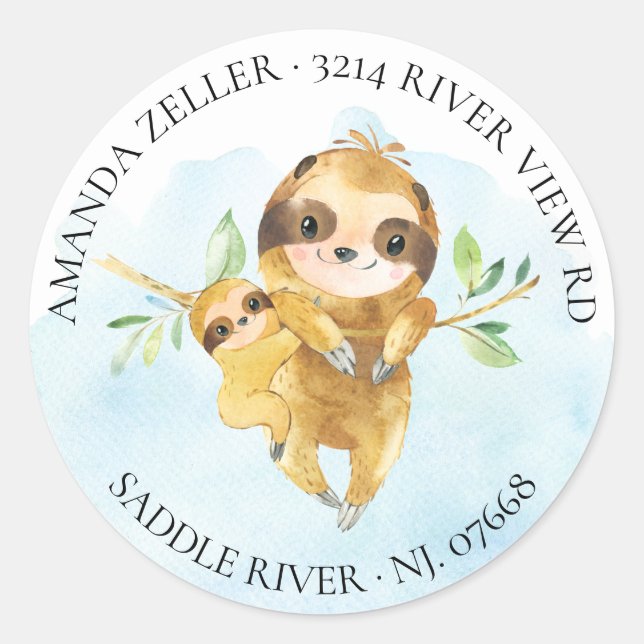 Adorable Sloth Baby Dusche Rücksendeadresse Etiket Runder Aufkleber (Vorderseite)