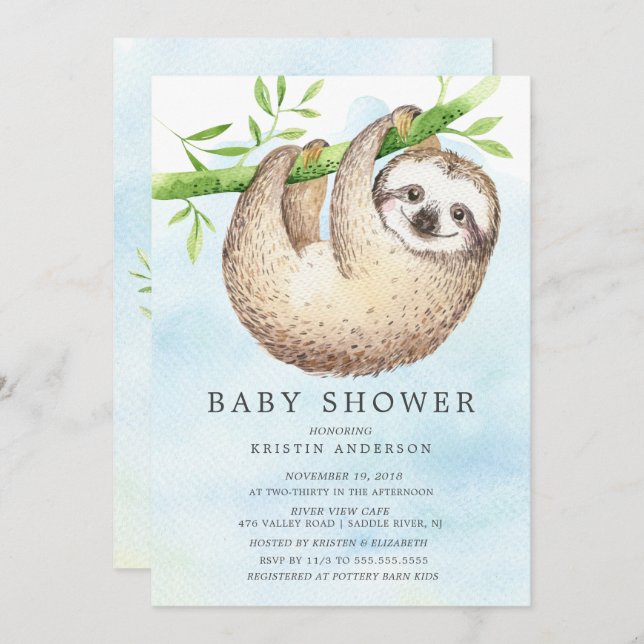 Adorable Sloth Baby shower Invitation (Devant / Derrière)
