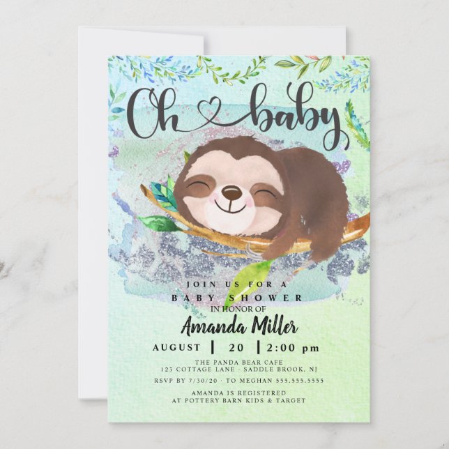 Adorable Sloth Baby shower Invitation (Devant)