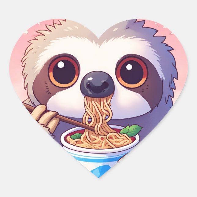 Adorable Sloth Eating Ramen Herz-Aufkleber (Vorderseite)