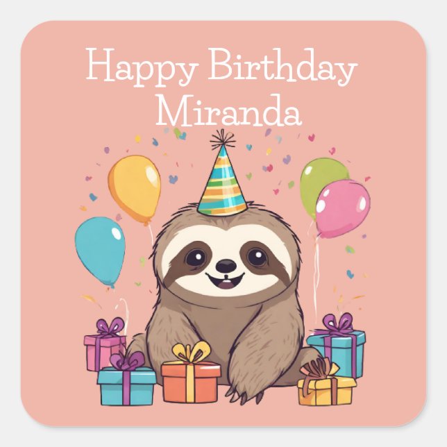 Adorable Sloth Happy Birthday Personalized Pink Quadratischer Aufkleber (Vorderseite)