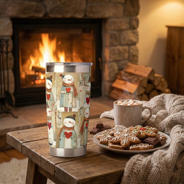 Adorable Snowman Hearts Winter Thermobecher (Insulated tumbler featuring a whimsical pattern with snowmen carrying warm red heart)