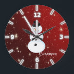 Adorable Snowman,Red -Personalized Große Wanduhr<br><div class="desc">This image features snowman on red  background. . Any girl would love to have this stylish  design.If your art still needs to be adjusted, click on the Customize This button. This will take you to a design area where you can move around and even change fonts !</div>