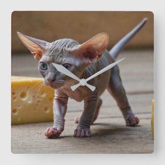 Adorable Sphynx Kitten und Käse Quadratische Wanduhr