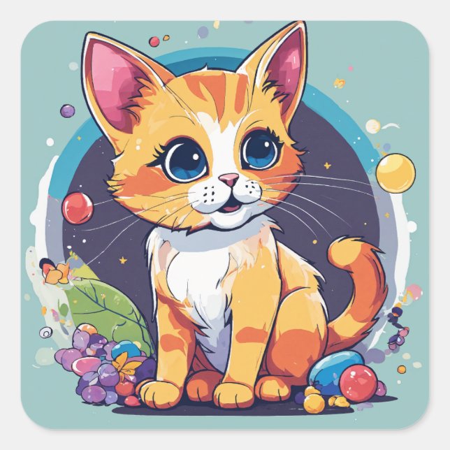 Adorable spielerische Kinder Katzenaufkleber Quadratischer Aufkleber (Vorderseite)