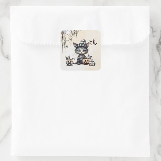 Adorable Spooky Halloween Kitten Quadratischer Aufkleber (Tasche)