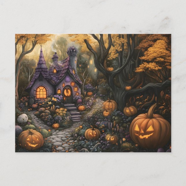 Adorable Spooky House and Halloween Pumpkin Patch Postkarte (Vorderseite)