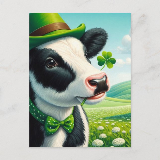 Adorable St. Patrick's Day Cow Kleeblatt im Mund Postkarte (Vorderseite)