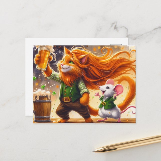 Adorable St Patricks Day Ginger Cat und eine Maus Postkarte (Vorderseite/Rückseite Beispiel)