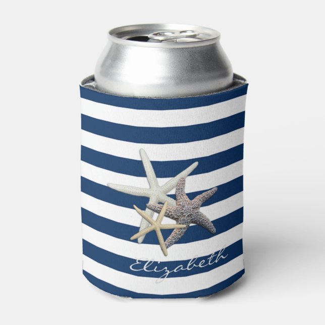Adorable Starfish, Navy Blue Stripes Personalisier Dosenkühler (Kanne Vorderseite)